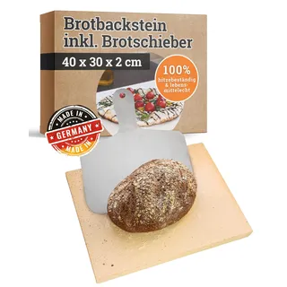 Feuerfest 123 Brotbackstein eckig inkl. Brotschieber I 40x30x2cm I Lebensmittelechte Backofen-Steinplatte aus Schamotte I Backstein für Backofen & Grill I Ideal für Brot, Pizza & Flammkuchen