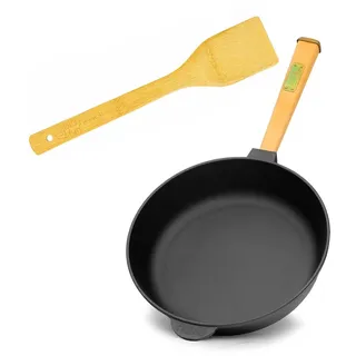 Gusseisenpfanne Ø26 cm (tief) BRIZOLL Bratpfanne mit abnehmbarem Holzgriff | aus Gusseisen Eisenpfanne Gusspfanne rund Pfannenwender von 4big.fun für alle Herdarten Backofen Grill INDUKTION
