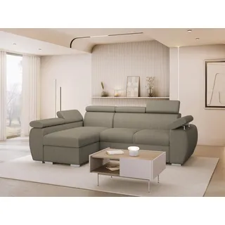MIRJAN24 Ecksofa Boston Mini Premium Cord 2RLC, mit Bettkasten und Schlaffunktion, Verchromte Metallfüße, Einstellbare Kopfstützen beige