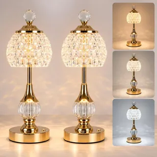 2er Set LED Tischlampen, 3 Lichtfarben 2000-6000K, Touch Tischleuchte, Stufenlos dimmbar, Kristall Nachttischlampe, USB-C Akku 2000mAh, ca. 5-8h - Gold