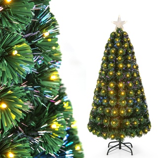 COSTWAY 150 cm Künstlicher Weihnachtsbaum mit Beleuchtung, Tannenbaum mit 8 Beleuchtungsmodi, 170 Warmweißen LED-Lichtern, Christbaum in Glasfaseroptik, Beleuchtetem Stern, Kunstbaum Weihnachten