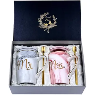 Hochzeitsgeschenke für Brautpaar, Mr und Mrs Geschenk für Braut und Bräutigam, Geschenk Hochzeit, Jubiläumsgeschenk, Kaffeetassen Tassen Set Keramik Marmor 14 Oz für Hochzeit, Verlobungen