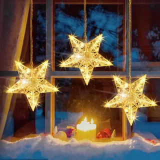 Quntis 3 Sterne Fensterdeko mit Batterie Timer Haken, 0,8m 30LED Weihnachtsdeko Innen Warmweiß, IP44 Weihnachtsbeleuchtung Außen Weihnachtslichterkette für Fenster Glas Wand Tür Zimmer Terrasse Balkon