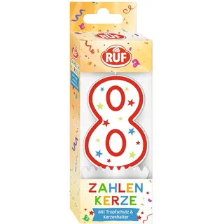 RUF Zahlenkerze Nummer 8, rote Geburtstags-Kerze mit bunten Sternchen, hochwertige Jubiläums-Kerze mit Tropfschutz, ideal als Kuchen Deko, 1 Stück