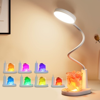 YAMYONE LED Schreibtischlampe mit RGB Salz Kristall Felsen, Akku Wiederaufladbare 3-Farben Tischlampe, 360°Flexibler Schwanenhals mit Nachtlicht Nachttischlampe für Schlafzimmer Kinder