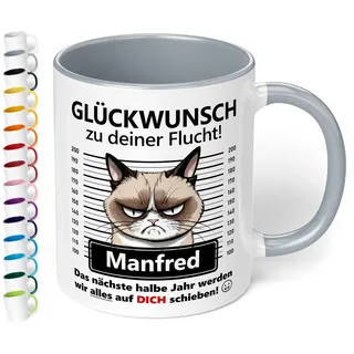 Abschiedsgeschenk für Kollegen: Keramik-Tasse personalisiert „Glückwunsch zu deiner Flucht!“ - 330ml - Katzen-Motiv - lustiger Kaffeebecher | Geschenk zum Abschied neuer Job Wechsel (Grau)