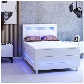 Juskys Boxspringbett Norfolk, 120 x 200 cm, Bett mit Federkernmatratze, Topper, Kopfteil und LED-Beleuchtung weiß 120 cm x 210 cm