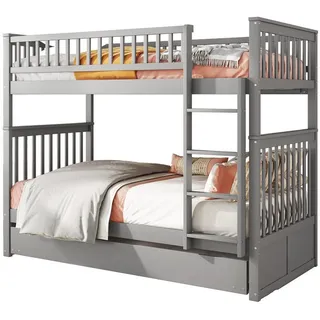 OKWISH Etagenbett Kinderbetten Dreierbetten mit Ausziehbett Hohe Geländer Stabile Treppe (90*200cm), ohne Matratze grau