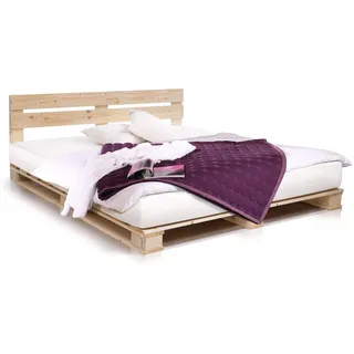 PALETTI Palettenbett inklusive Kopfteil Massivholzbett Holzbett Bett aus Paletten mit 11 Leisten, Palettenmöbel Made in Germany, 180 x 200 cm, Fichte Natur