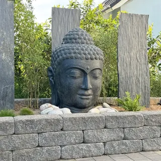 Oriental Galerie Buddha Kopf Figur Skulptur Stein Lavasand Bali Steinfigur Gartenfigur Buddhakopf Garten Deko Schwarz 120 cm