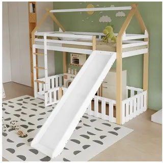 Odikalo Kinderbett Hochbett Etagenbett Holzbett Rutsche Lattenrost 90x200 Weiß Natur