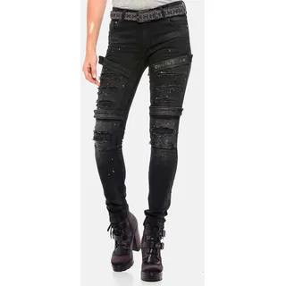 Cipo & Baxx Damen Jeans WD383 Schwarz - Slim Fit Skinny Jeans Hose - Röhrenjeans im coolen Biker-Look, Atemberaubender Casual Look, Angenehmes Gefühl - WD383 Schwarz W27-L34 - 27W / 34L