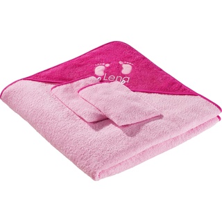 Erwin Müller Kinder-Frottierset, Badeset 3-TLG. mit Namen rosa Größe 80x80 cm - 1 x Kapuzenbadetuch, 2 x Waschhandschuh, weich und saugstark