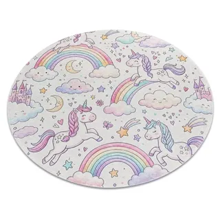 BAMBINO 61400 Kreis Waschteppich Einhorn, Regenbogen für Kinder Anti-Rutsch - creme / rosa beige rund 80 cm - Beige