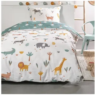 Familando Kinderbettwäsche Safari Tiere 135x200 80x80 cm mit Elefant Tiger & Co., Renforcé, 2 teilig, Bettwäsche mit liebevollem Motiv für Mädchen und Jungen bunt