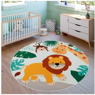 Kinderteppich Bino 582, Paco Home, rund, Höhe: 4 mm, Spielteppich, Motiv Tiere, Löwe & Giraffe, Kinderzimmer beige