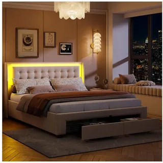 Furnishings Home Polsterbett Stauraumbett Doppelbett LED (1-tlg., Mit Komforthöhe Lattenrost, Leises Design Bett), Mit LED-Beleuchtung, Hydraulische Bettkasten, Schubladen, 180x200 cm beige