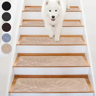 Homwiz Treppenstufen Matten, Stufenmatten Selbstklebend Innen 15 Stück, Treppenstufen Antirutsch Zuschneidbar Wiederverwendbar für Schützen Sie Haustiere, Senioren Kinder (Beige, 65x20 cm)