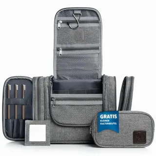 Obics Kulturbeutel XXL 8 Liter (Set, 2 Teilig), zum Aufhängen - Kosmetiktasche für Damen & Herren 10 Fächer grau