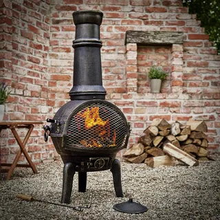 Gardebruk Terrassenofen Gusseisen mit Funkenschutz Abdeckung Schürhaken 28kg Gartenofen Gartenkamin Feuerstelle