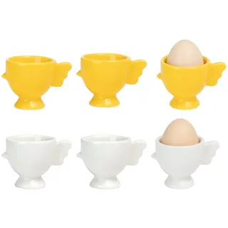 Eierbecher Porzellan 6er Set Lustiges Huhn geformt, Niedliches Eierbecher Geschenkset 6 Stück, Handgemachte Glasur Sicherheit Keramik Weich gekochte Eierhalter, Frühstücksküche Kochen Weiß Gelb