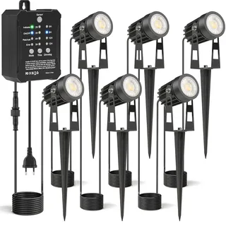 HIBOITEC Dimmbar Gartenbeleuchtung mit Transformator, 16M Fotosensor Gartenstrahler Led Außen Wasserdicht, 4000K Gartenbeleuchtung mit Strom, Timer Gartenlampen für Haus Hof(6 Stück, Weißes Licht)