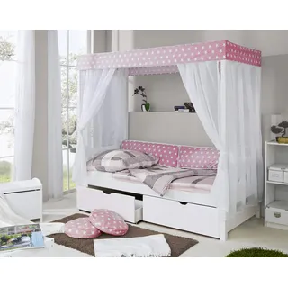 TiCAA Kinderbett Himmelbett mit Schubkasten 90x200 cm, für Jungen & Mädchen, inkl. Vorhangstoff, Montessori Bett weiß aus Kiefer Massivholz