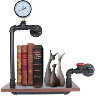 SUONTY Industrielles Wandregal Stahl Holz, Vintage Rohrregal mit Wasserzähler Design, Schwebendes Regal Wandmontage 25kg Tragkraft, Retro Industrie Regal für Badezimmer Küche Wohnzimmer, 40x20x57cm