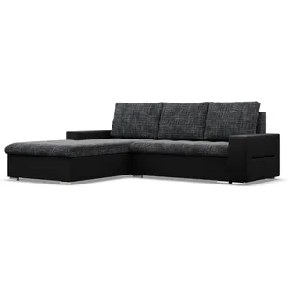 Mebligo - Ecksofa mit Schlaffunktion und Bettkasten Aurora, Eckcouch mit Ottomane Links, Sofa L Form (BxTxH) 243 x 200 x 92 cm, Couch Wohnzimmer, Ecke Sofa, Dunkelgrau + Schwarz (Samt und Kunstleder)