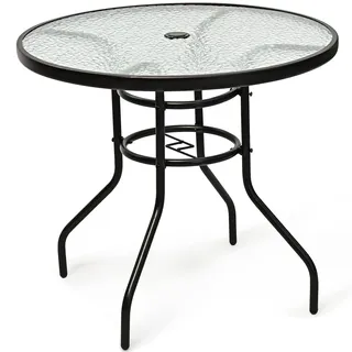 GYMAX Gartentisch rund 80 cm, Balkontisch klein mit Schirmloch, Beistelltisch Outdoor Wetterfest mit Glasplatte & Metallgestell, Terrassentisch für Balkon & Garten