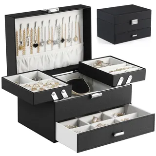 Dajasan Schmuckkästchen für Damen, 3 Ebenen, großer Schmuck-Organizer mit Samt, Reise-Schmuck-Organizer, Schmucketui für Ohrringe, Ringe, Halsketten, Armbänder