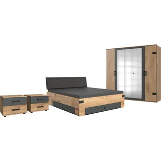Schlafzimmer-Set WIMEX "Stockholm, rustikaler Look im Industrial Design", grau (plankeneiche, nachbildung, abgesetzt graphit), B:189cm H:96cm T:210cm, Holzwerkstoff, Spanplatte, Schlafzimmermöbel-Sets, 6-teilig, Kleiderschrank mit Spiegel, Bett inklusive Schubladen