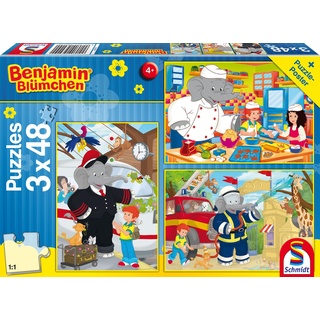 Schmidt Spiele 56209 Benjamin Blümchen, Immer im Einsatz, 3 x 48 Teile Kinderpuzzle