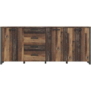 Forte CLIF Sideboard mit 4 Schubladen und 3 Türen, Holzwerkstoff, Old – Wood Vintage/Betonoptik Dunkelgrau, B x H x T: 206,1 x 86,3 x 41,6 cm