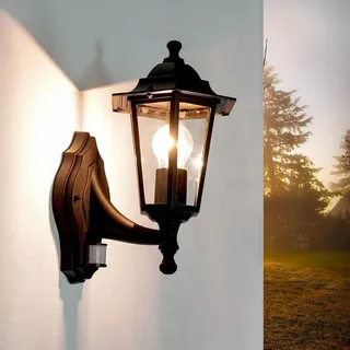 Außenlampe mit Bewegungsmelder Aluminium Glas E27 IP44 Landhaus Wandlampe Terrasse - Schwarz