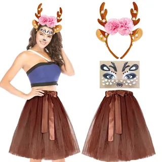 Echehi Reh Kostüm Damen Karneval Kostüm Damen, Reh Haarreif + 50cm Brauner Tüllrock + Rentier Gesicht Tattoos, Faschingskostüme Für Mottoparty Karneval Fasching