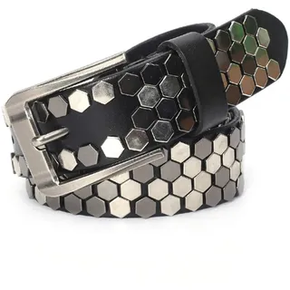 YZJYB Herren Damen Hexagon Muster Echtleder Gürtel mit Kratzfeste Schnalle 105cm - 125cm Länge Nietengürtel für Oder Gothic-Outfits,Schwarz,110CM