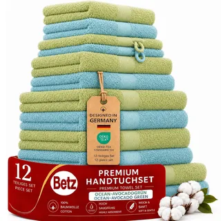 Betz Premium Handtuch-Set 12-teilig – 100% Baumwolle – Oeko-TEX® Zertifiziert – 470 g/m2 – 2 Duschtücher, 4 Handtücher, 2 Gästetücher, 2 Seiftücher & 2 Waschhandschuhe - Farbe Ocean/avocadogrün
