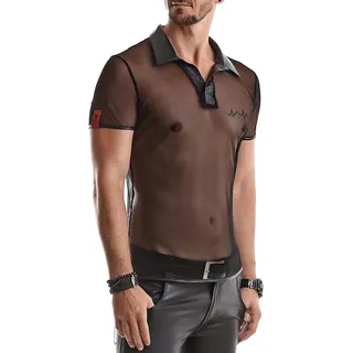 Transparentes Herren T-Shirt schwarz aus Mesh Material mit Wetlook Stehkragen Männer Poloshirt Kurzarm Slim-Fit Form - S
