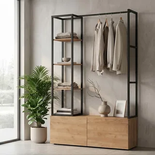 MinteLiv Offener Kleiderschrank System 120x180cm – Schmaler Kleiderständer 40cm Tiefe mit 2 großen Schubladen, Stabiler Garderobenständer Metall & MDF in Holz-Optik, Weiß/Natur