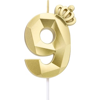 7,9 cm zahlen geburtstagskerzen, 3D-Zahlenkerze, mit Krone Große Kuchenkerzen Geburtstagskerzen Nummer Kuchenaufsatzkerze für Hochzeit Geburtstagsparty-Dekoration Feier (Gold, 9)