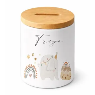 Manufaktur Liebevoll | Personalisierte Spardose für Kinder mit Namen Keramik Spardose mit Bambusdeckel Kinder Spardose personalisiert Geschenk zur Geburt, Taufe & Geburtstag (Elefant)