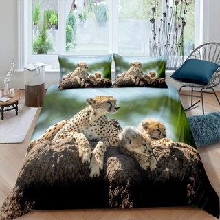 3D Leopard Bettdecke mit Baby Leopard Bettwäsche Set für Kinder Mädchen Teen Jungen Leopard Family Bettbezug auf dem Stein Bettwäsche mit 1 Kissenbezug 135x200 Brown Schlafzimmer Dekor liegen