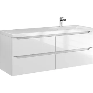Furni Waschtischunterschrank ETH 120 cm S P – Weiß Hochglanz – Hängender Badschrank mit Mineralguss-Waschbecken – Frezgriffe – Vormontiert