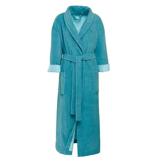 Gözze Unisex-Bademantel Turin, ideal für Sauna & Spa, Hotelbademantel, Morgenmantel, Langform, Baumwoll-Mix, Schalkragen, Gürtel, für Damen & Herren, mit Gürtel und zwei aufgesetzten Taschen, lang blau S | 125 cm