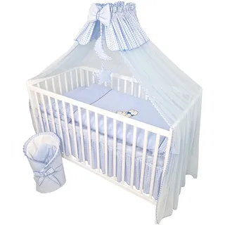 Bello24 - 13 Teiliges Babybett Kinderbett und Bettwäsche komplett Set Timmi inkl. Matratze höhenverstellbar für Neugeborene Babys und Kleinkinder aus Massivholz Bestickt (Teddybär Mond Blau)