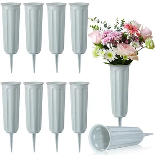 10 Stück Grabvase Kunststoff-Friedhofsvasen mit Pfahl, Gedenkblumenvasen Grabstein Blumenhalter für Friedhofsgrabdekorationen (10, Grau)