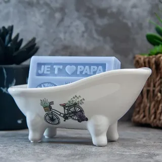 Label Provence Nature Savon de Marseille Seifenschale – Französischer Vintage-Stil Keramik Klauenfuß-Badewanne – selbstentleerend – perfekt für Badezimmer, Küche oder Heimdekoration – Fahrrad & Korb