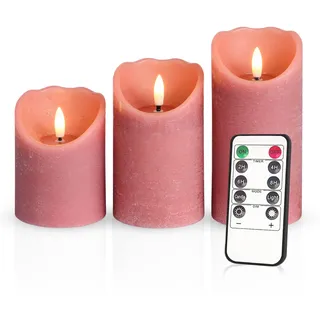 Meisterhome® 3er-Set Flammenlose LED Kerzen - Altrosa - Rustik Design Stumpenkerze - mit Fernbedienung – mit Timer - Batteriebetrieben – Warmweiß - 10/12,5/15 cm hoch - mit flackernder Flamme