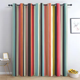 THYUNQ Vorhänge Bunte Gestreift Motiv, Vorhang Blickdicht Verdunklungsvorhänge Thermovorhang mit Ösen, Gardinen Wohnzimmer Schlafzimmer Fenster, 2er Set Curtains, H 175 x B 140 cm